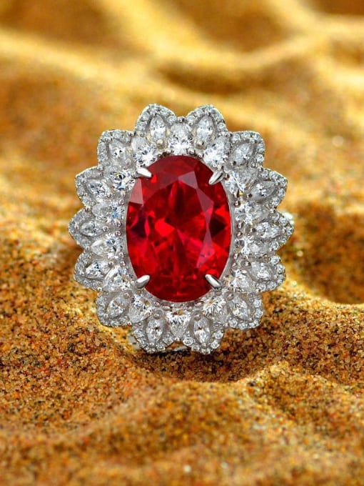 Red corundum [R 1936] 925 Sterling Silver Cubic Zirconia Geometric Luxury Band Ring